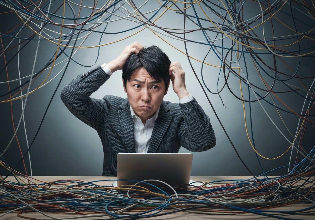 複雑に絡み合ったケーブルを前に途方に暮れる人物。SEO対策の難しさを表現している。