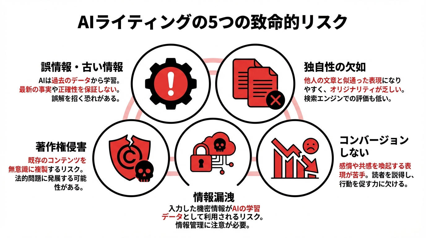 AIライティングに潜む5つのリスク（誤情報、独自性の欠如、著作権侵害、非コンバージョン、情報漏洩）をアイコンと共に分かりやすくまとめた図解。