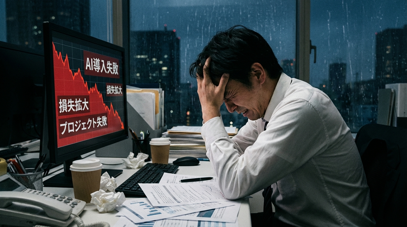 パソコンの下降グラフを見て頭を抱えるビジネスマン。AIライティング戦略の失敗による最悪のシナリオを表現。