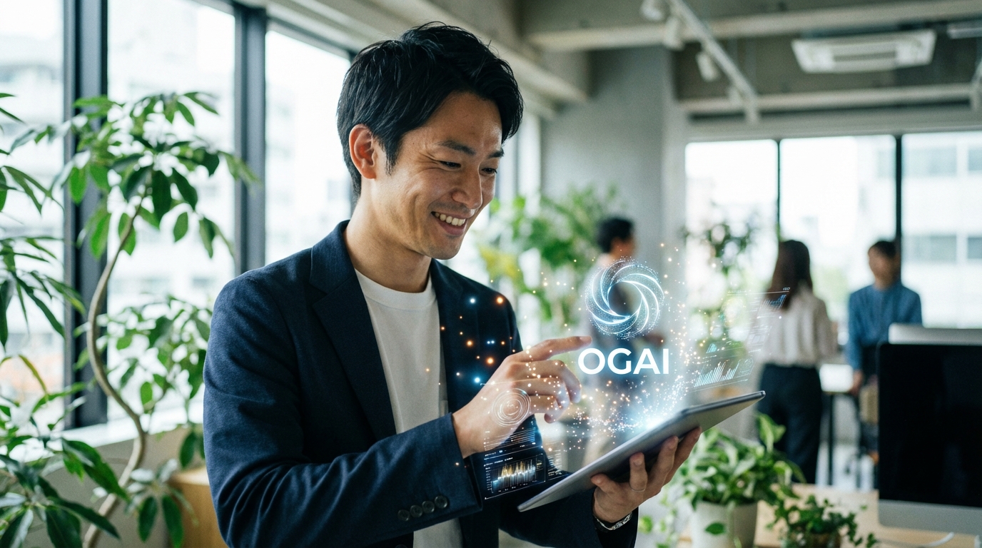 専門家がタブレット上のAIエージェントと協働し、Webコンテンツ制作を成功させているポジティブなイメージ。