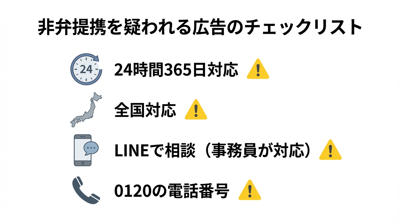 非弁提携を疑われる広告の4つの特徴(24時間365日対応、全国対応、LINE相談、フリーダイヤル)をまとめた図解。