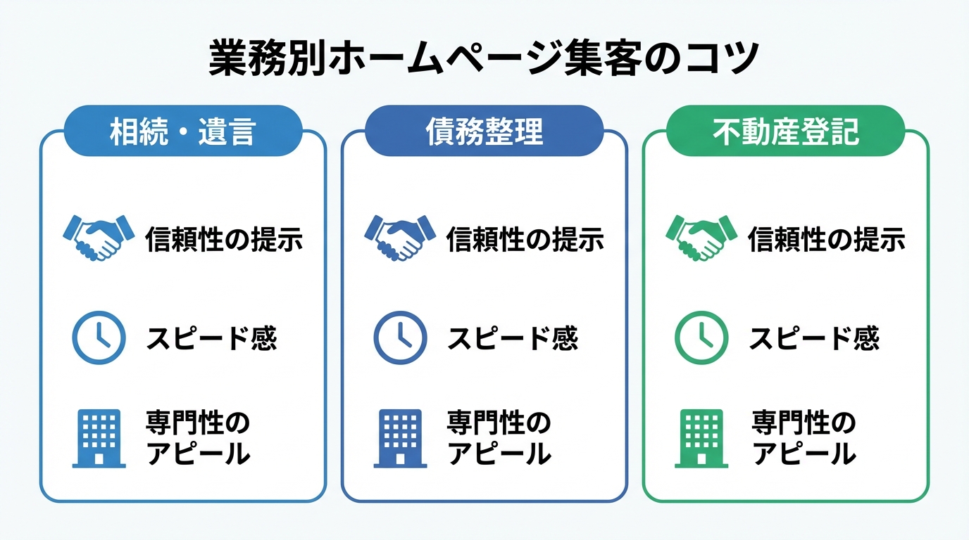 司法書士の業務別にホームページ集客のコツをまとめた図解。相続・遺言は信頼性、債務整理はスピード感、不動産登記は専門性が重要。