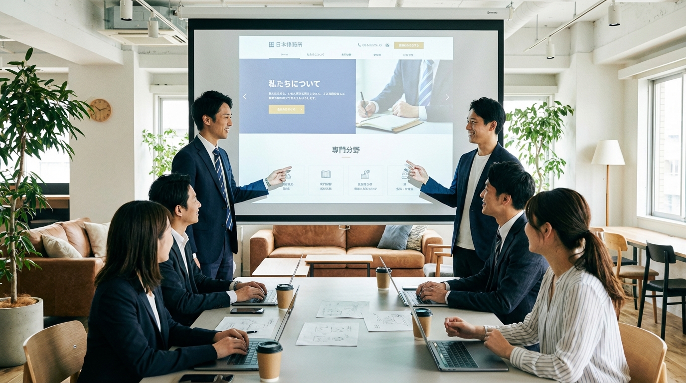 士業専門のWeb制作会社サムライラボのチームが、弁護士のホームページについて戦略会議を行っているプロフェッショナルな風景。