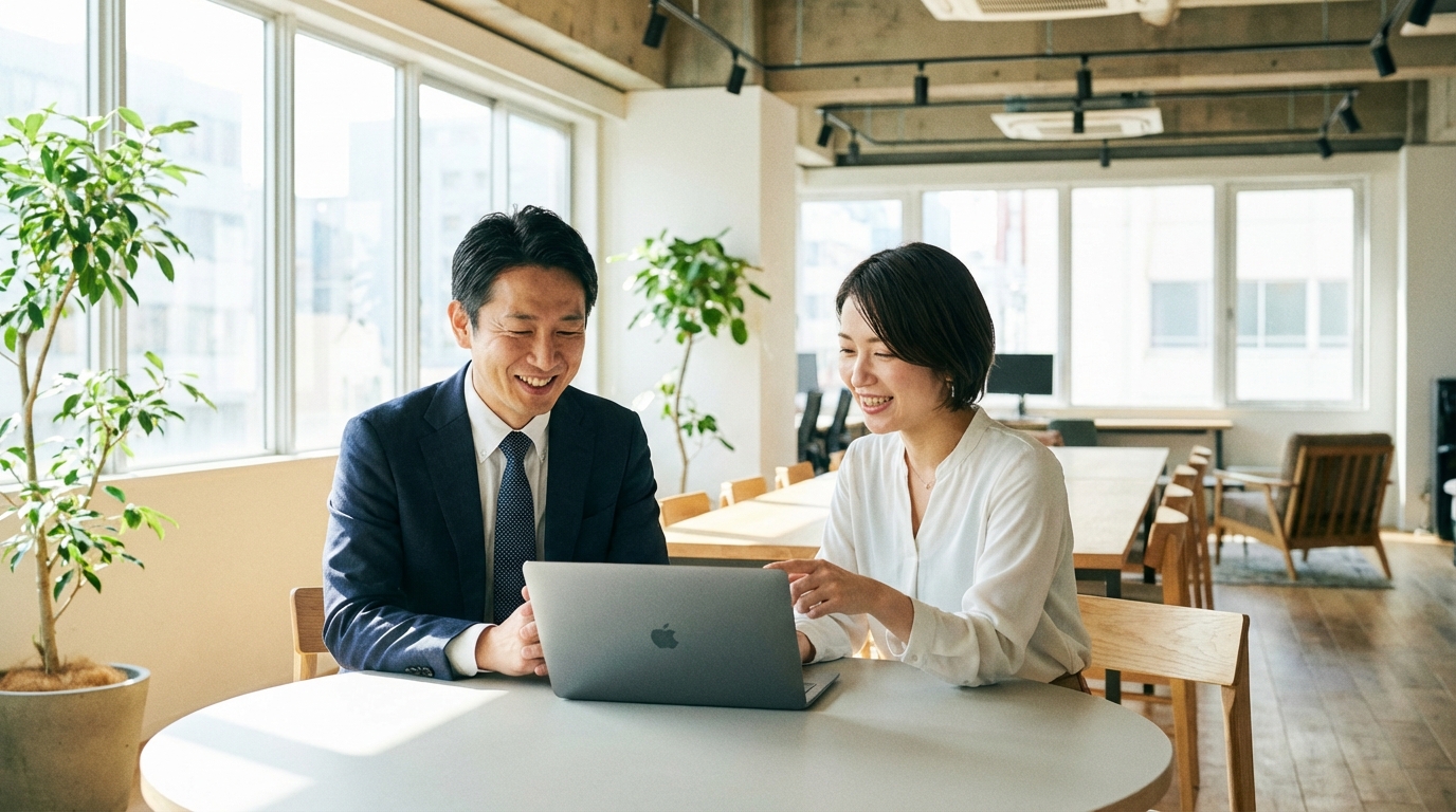 司法書士がWeb集客の専門家と打ち合わせを行い、安心して業務を任せている様子。