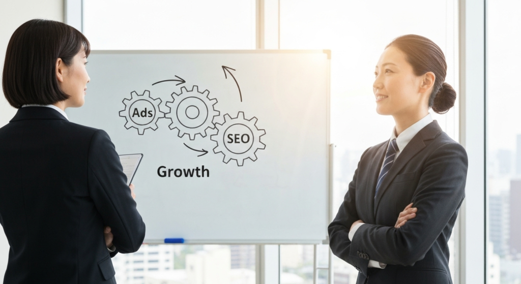 ai_image_2-7 | 弁護士・税理士・司法書士等の士業ホームページ制作 広告とSEOの両輪が回りだし、事業が成長していく未来を象徴する士業のイメージ画像。