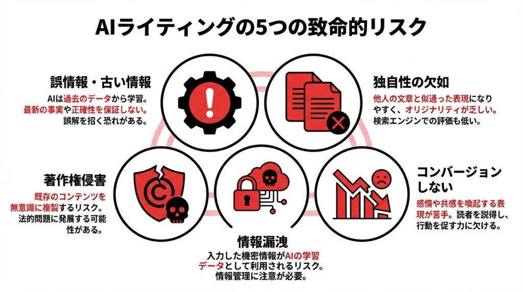 | 弁護士・税理士・司法書士等の士業ホームページ制作 AIライティングに潜む5つのリスク(誤情報、独自性の欠如、著作権侵害、非コンバージョン、情報漏洩)をアイコンと共に分かりやすくまとめた図解。