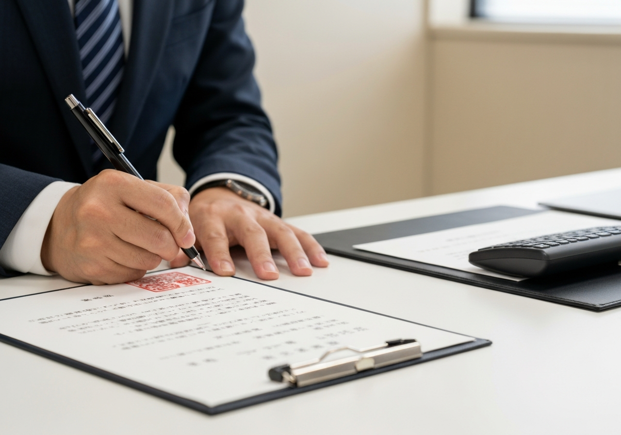 | 弁護士・税理士・司法書士等の士業ホームページ制作 専門家による最終監修とファクトチェックの完了を象徴する、書類に署名・捺印する写真