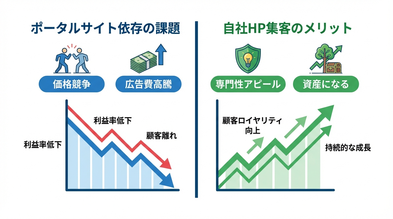 | 弁護士・税理士・司法書士等の士業ホームページ制作 ポータルサイト集客の課題(価格競争など)と自社ホームページ集客のメリット(資産化など)を比較した図解。