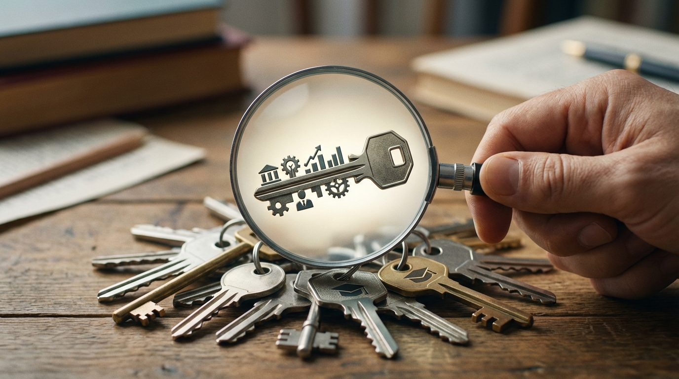 | 弁護士・税理士・司法書士等の士業ホームページ制作 たくさんの鍵の中から虫眼鏡で一つの鍵を選び出す様子。税理士業務の特化戦略を象徴している。