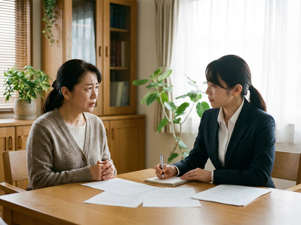 | 弁護士・税理士・司法書士等の士業ホームページ制作 弁護士が依頼者の話を真摯に聞いている相談風景。誠実な対応の重要性を象徴している。