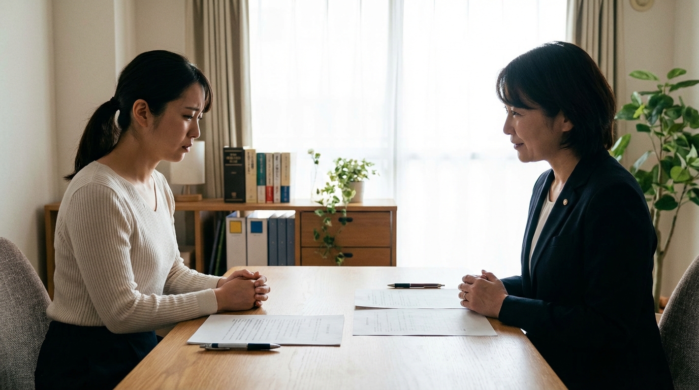 | 弁護士・税理士・司法書士等の士業ホームページ制作 男女問題について女性弁護士に相談し、少し安心した表情を見せる女性。