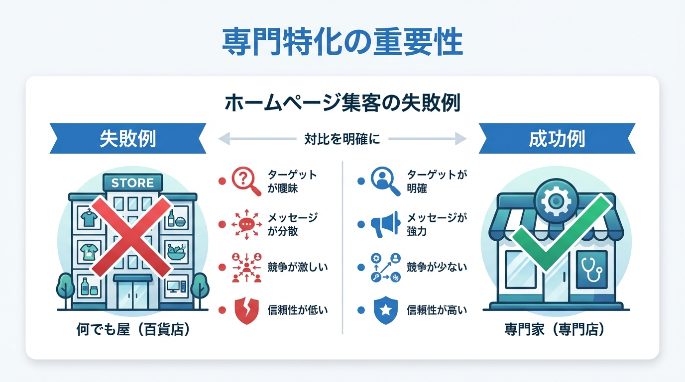 | 弁護士・税理士・司法書士等の士業ホームページ制作 ホームページ集客における「何でも屋」の失敗と「専門特化」の成功を対比した図解。