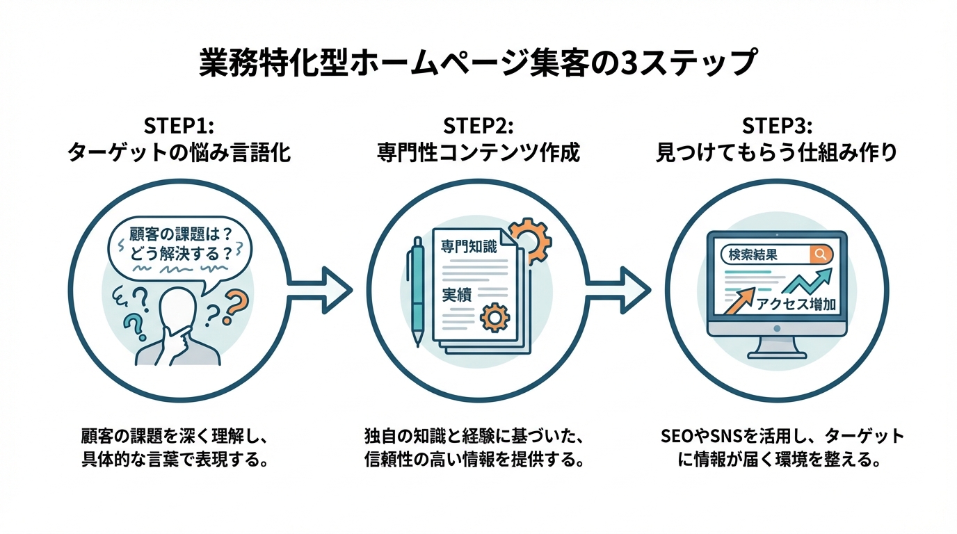 | 弁護士・税理士・司法書士等の士業ホームページ制作 ホームページ集客を成功させる3つのステップ「ターゲットの悩み言語化」「専門性コンテンツ作成」「見つけてもらう仕組み作り」を示した図解。
