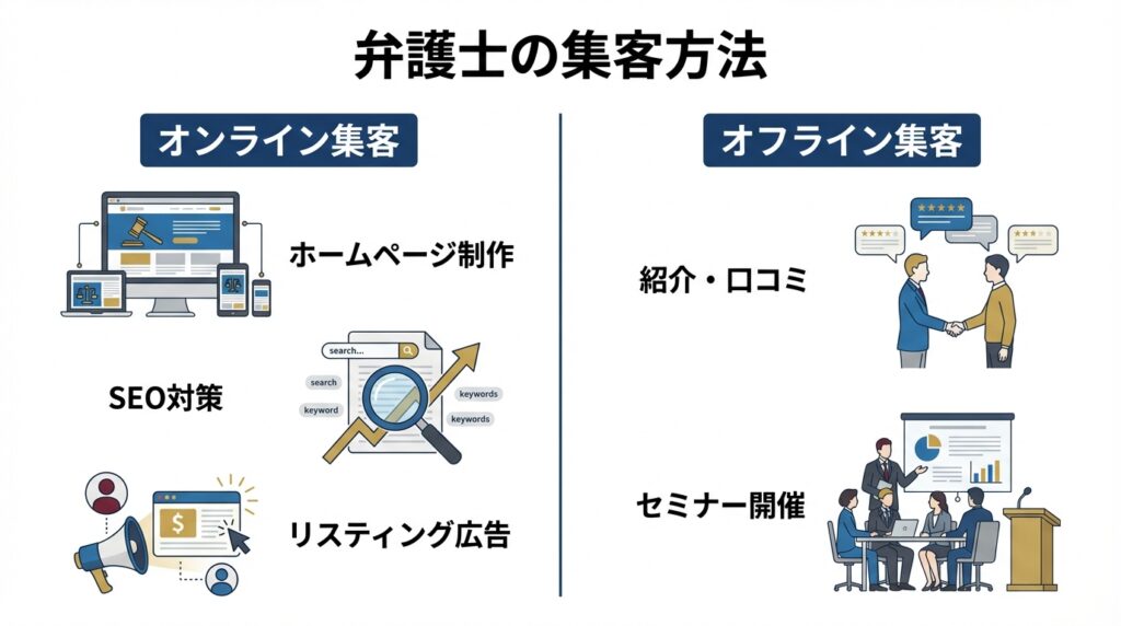 | 弁護士・税理士・司法書士等の士業ホームページ制作 弁護士のオンライン集客とオフライン集客の具体例をまとめた図解。
