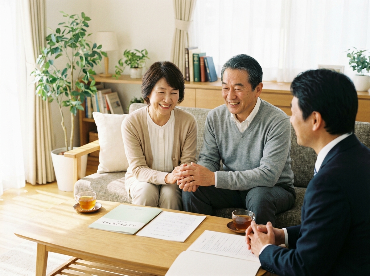 | 弁護士・税理士・司法書士等の士業ホームページ制作 弁護士から遺言・相続に関する説明を受け、安心している様子の高齢夫婦。