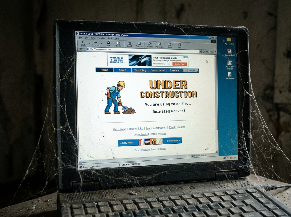 | 弁護士・税理士・司法書士等の士業ホームページ制作 クモの巣が張って放置されている古いノートパソコン。更新されないホームページの末路を象徴している。