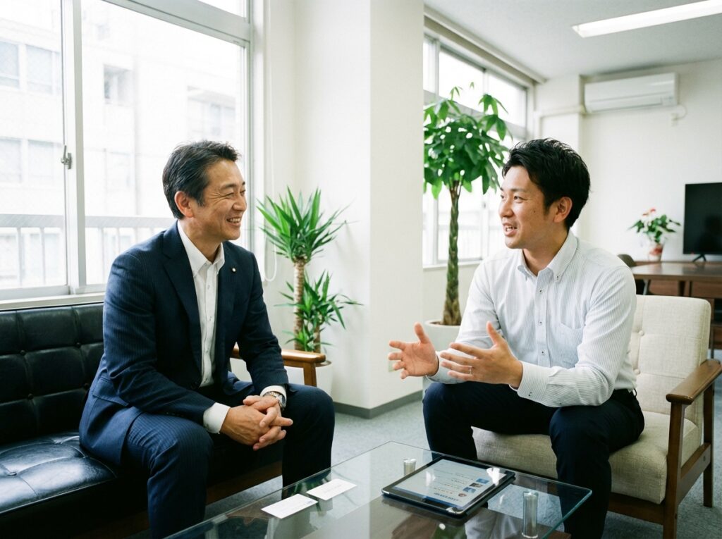 | 弁護士・税理士・司法書士等の士業ホームページ制作 弁護士がクライアントと信頼関係を築いている様子。紹介や口コミの重要性を示唆している。