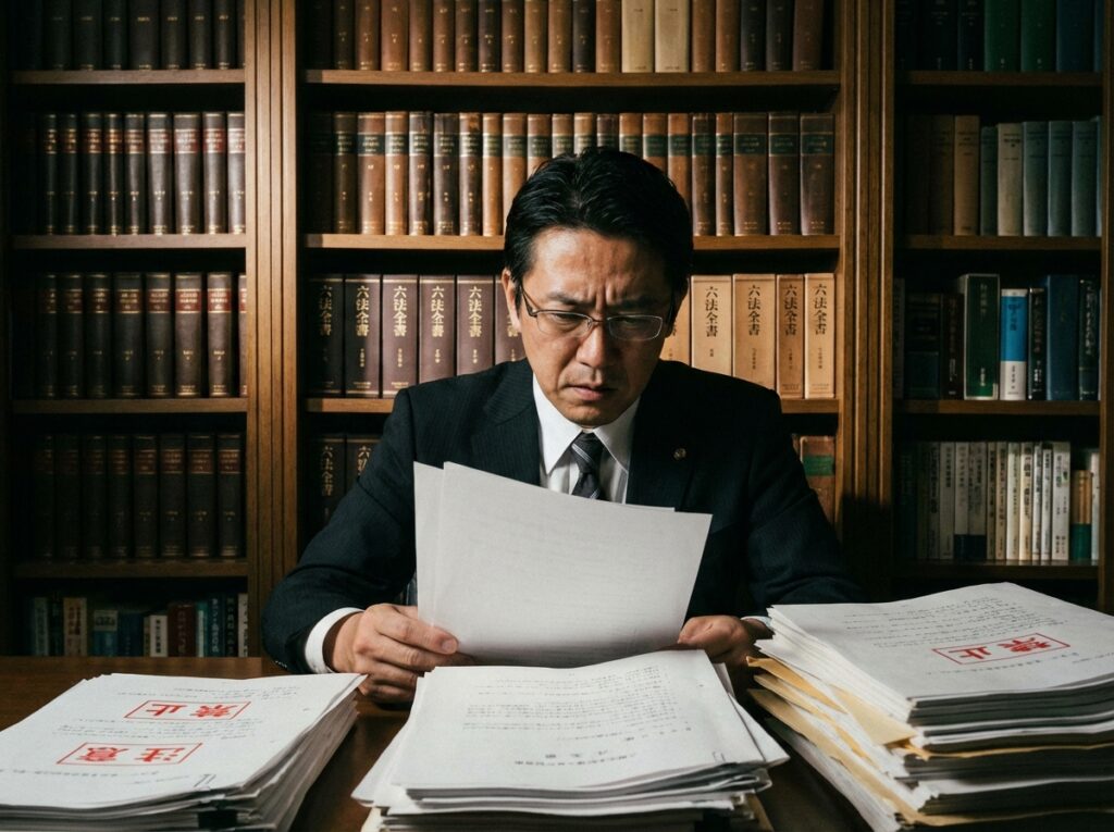 | 弁護士・税理士・司法書士等の士業ホームページ制作 弁護士が営業規制に関する書類を確認している。非弁提携などの禁止事項の重要性を示している。