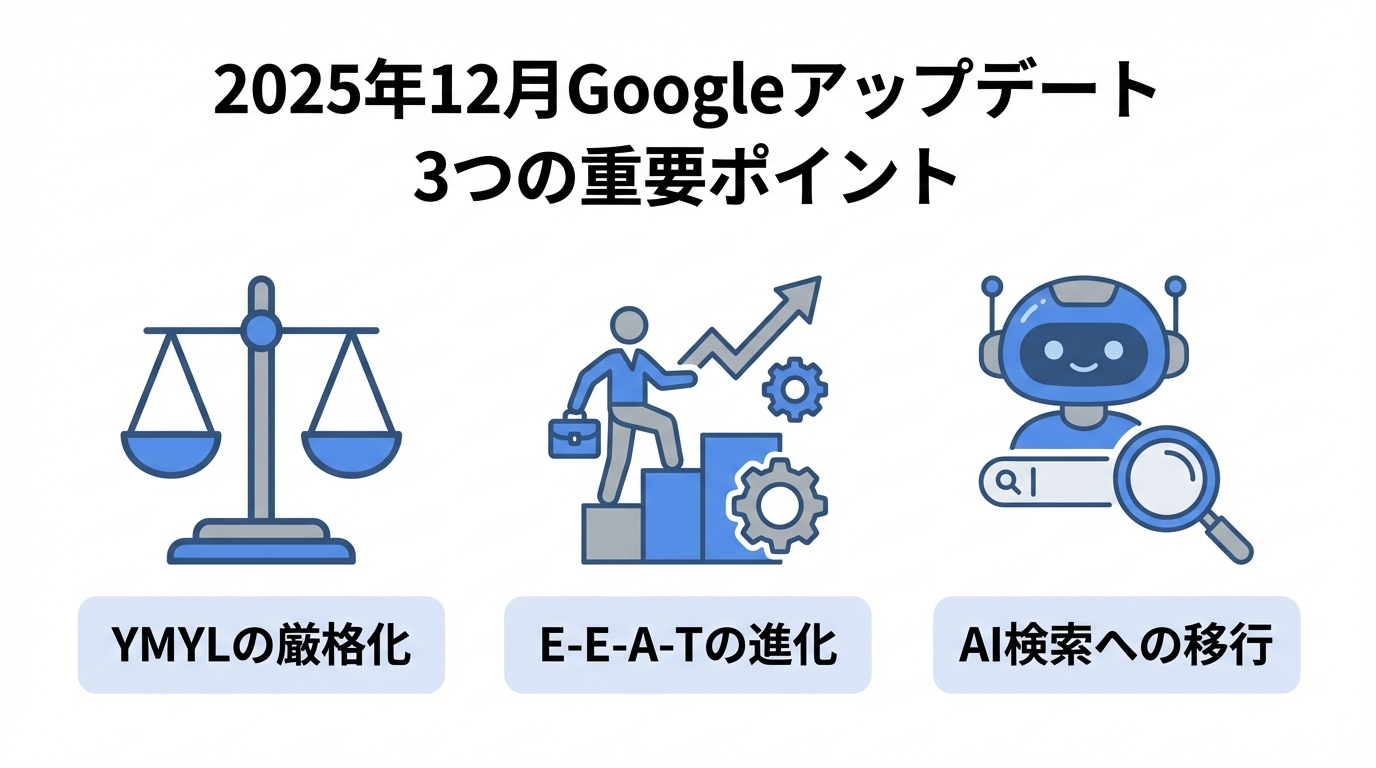 ogai_image_1 | 弁護士・税理士・司法書士等の士業ホームページ制作 2025年12月Googleアップデートの3つのポイント(YMYLの厳格化、E-E-A-Tの進化、AI検索への移行)を図解したインフォグラフィック。