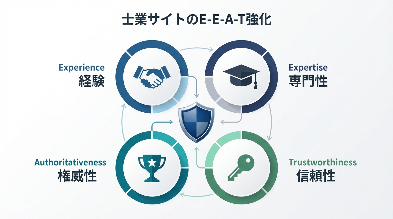 ogai_image_2 | 弁護士・税理士・司法書士等の士業ホームページ制作 Googleの評価基準であるE-E-A-Tの4要素(経験、専門性、権威性、信頼性)を分かりやすく図解したインフォグラフィック。