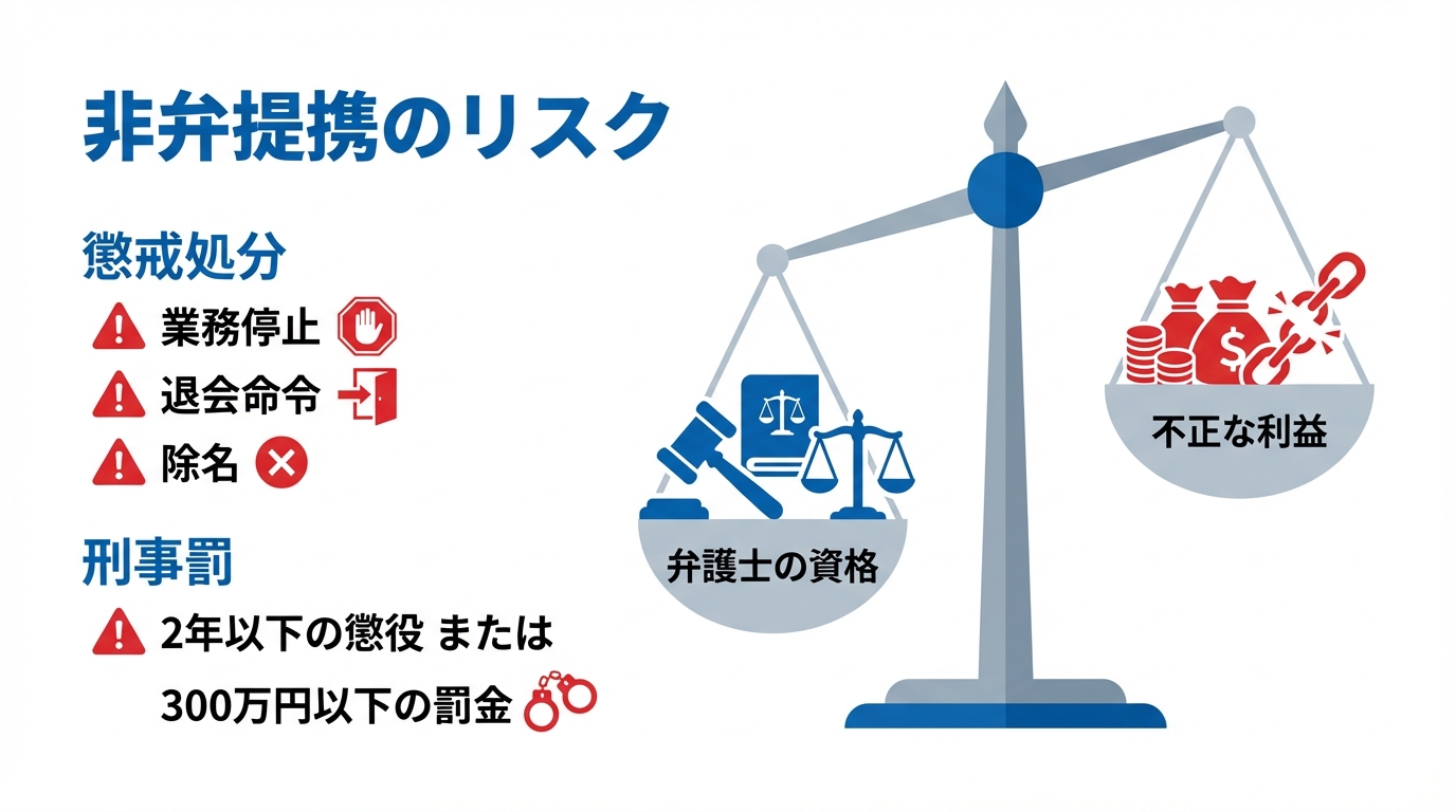 ogai_image_1 | 弁護士・税理士・司法書士等の士業ホームページ制作 弁護士法72条で禁止される非弁提携のリスクをまとめた図解。懲戒処分(業務停止、退会命令、除名)と刑事罰(2年以下の懲役または300万円以下の罰金)が示されている。