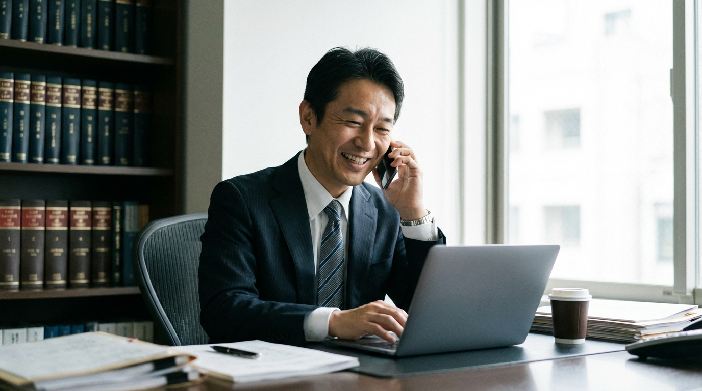 ogai_image_2 | 弁護士・税理士・司法書士等の士業ホームページ制作 廃業の危機からV字回復し、安堵の表情で電話を受ける士業の男性。彼の成功は実行力のあるWeb集客パートナーとの出会いによってもたらされた。