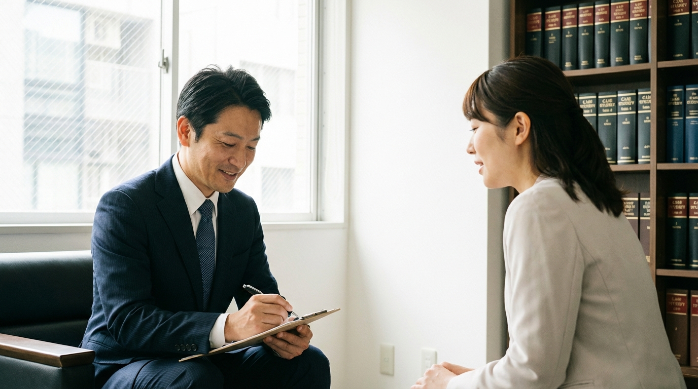法律事務所で相談者の話を親身に聞き、安心感を与える弁護士の様子。